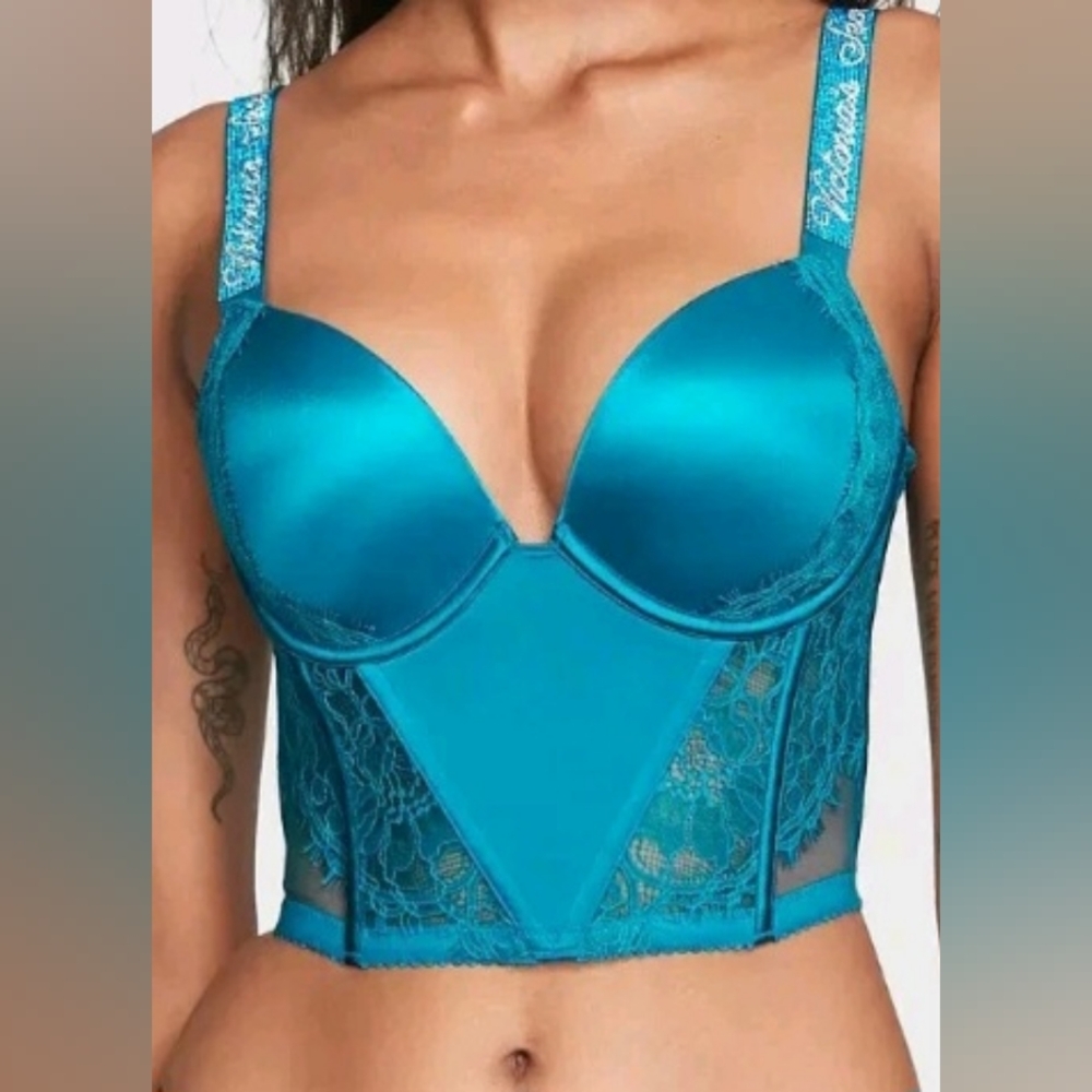 38D 38DD Victoria's Secre Shine Strap Satin Lace PushUp Corset Bra Top